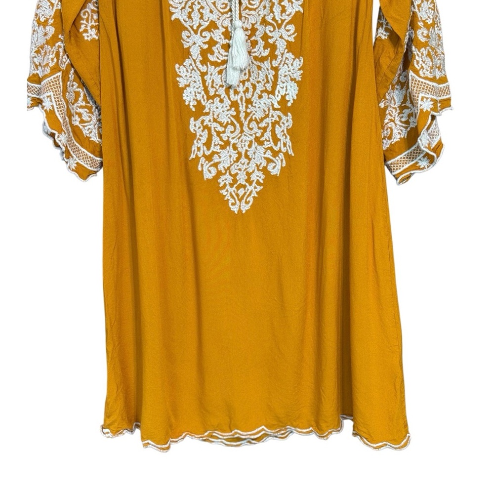 Chic Connection California Boho Embroidered Dress Top M Mustard Lace Peasant - Picture 2 of 4